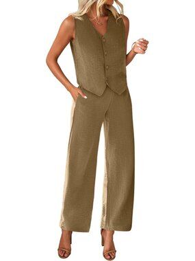 Women's Khaki Polyester Two Piece Button V Neck Wide Leg Pants Suit Blazer